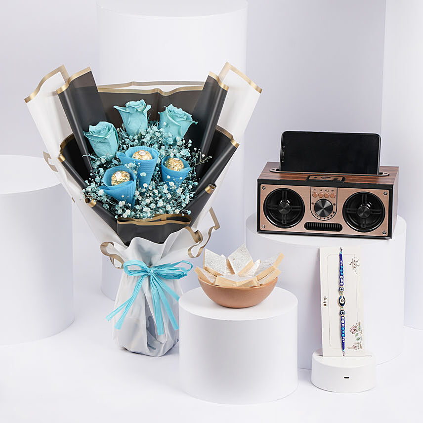 Rakhi Flowers Sweets and Retro Wood Bluetooth Speaker: Personalised Gifts for Rakhi