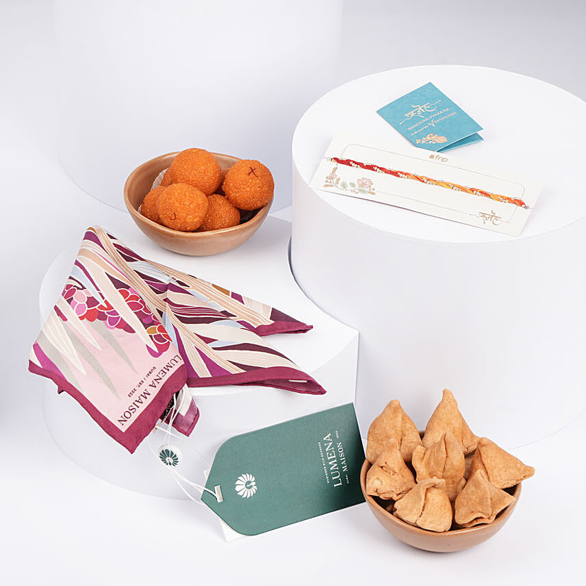 Rakhi Ladoo Samosa and Silk Pocket Square: Lumena Maison Gifts