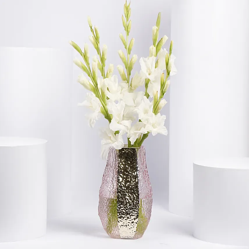 White Gladiolus In Premium Vase: Gladiolus Flowers