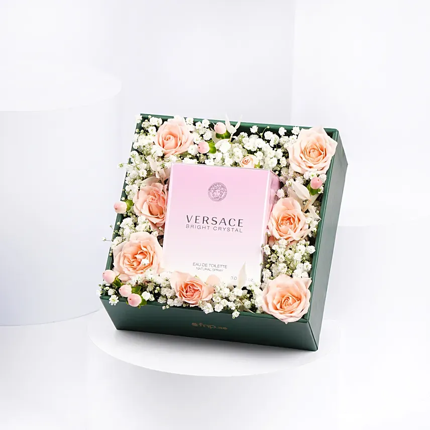 Versace Perfume and Flowers Box: 1 Hour Gift Delivery