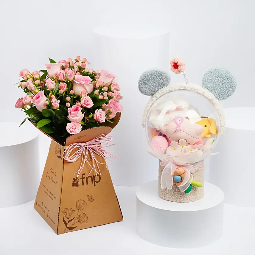 Congratulation on New Born Flowers and Cuddles: Soft Toys