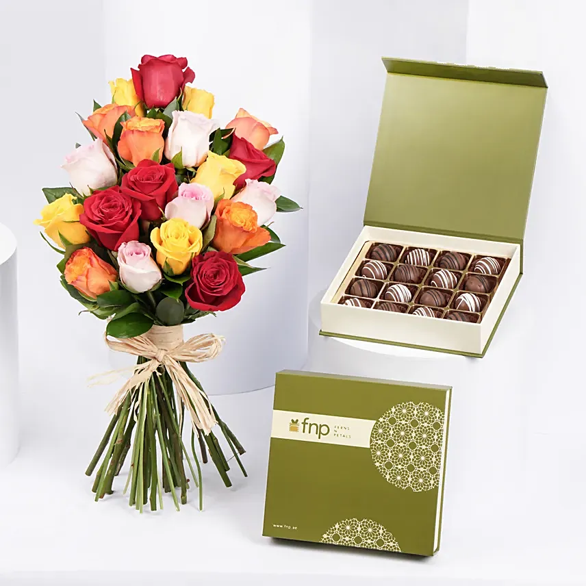 Multicolor Roses n Chocolate Truffles: One Hour Delivery Flowers