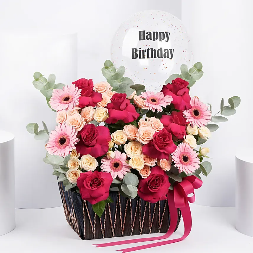 Birthday Balloon & Flower Basket: Flowers and Balloons