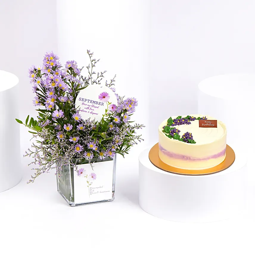 Aster Birthday Flowers Vase with Cake: Gifts Combos 