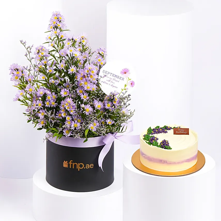 September Birthday Wishes Aster Flower and Cake:  Gift Delivery