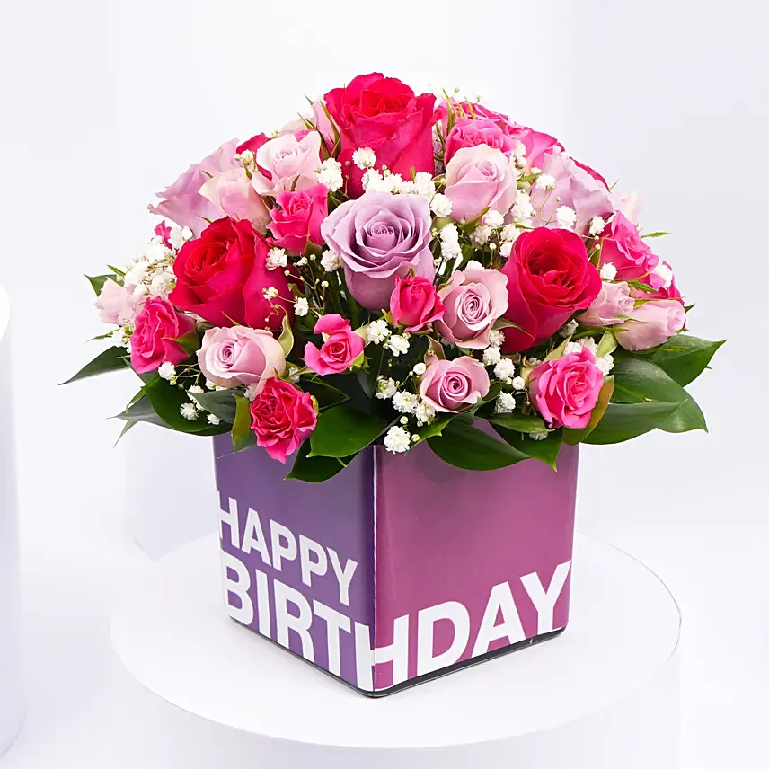 Mixed Flowers In Square Glass Vase: Birthday Flower Arrangements