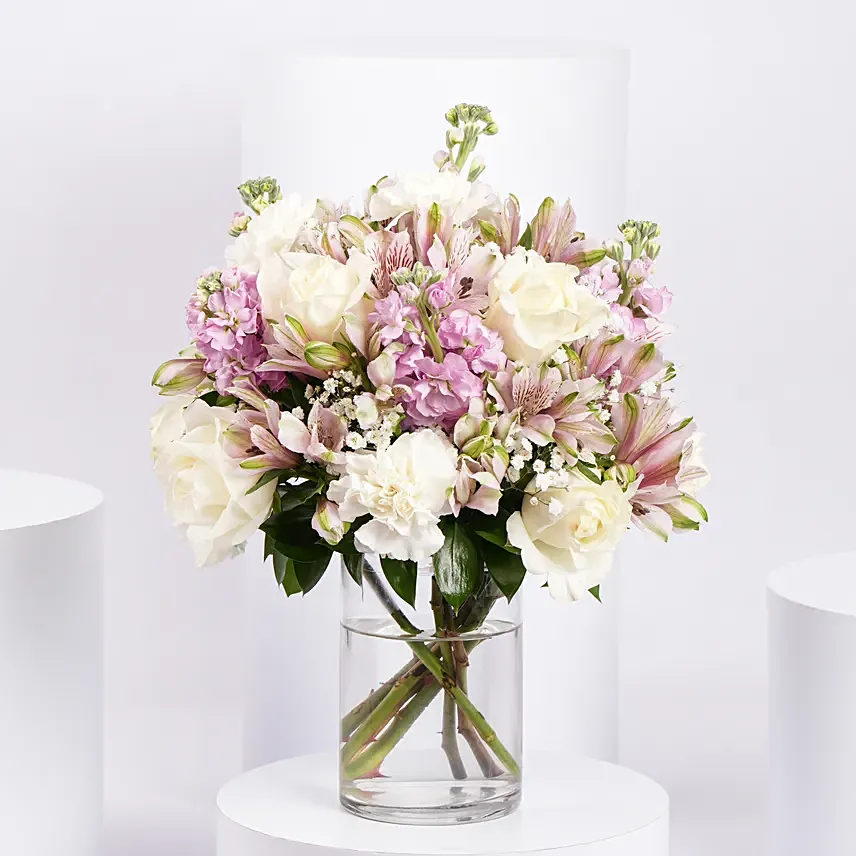 Pink and White Floral Bunch In Glass Vase: Vase Arrangements