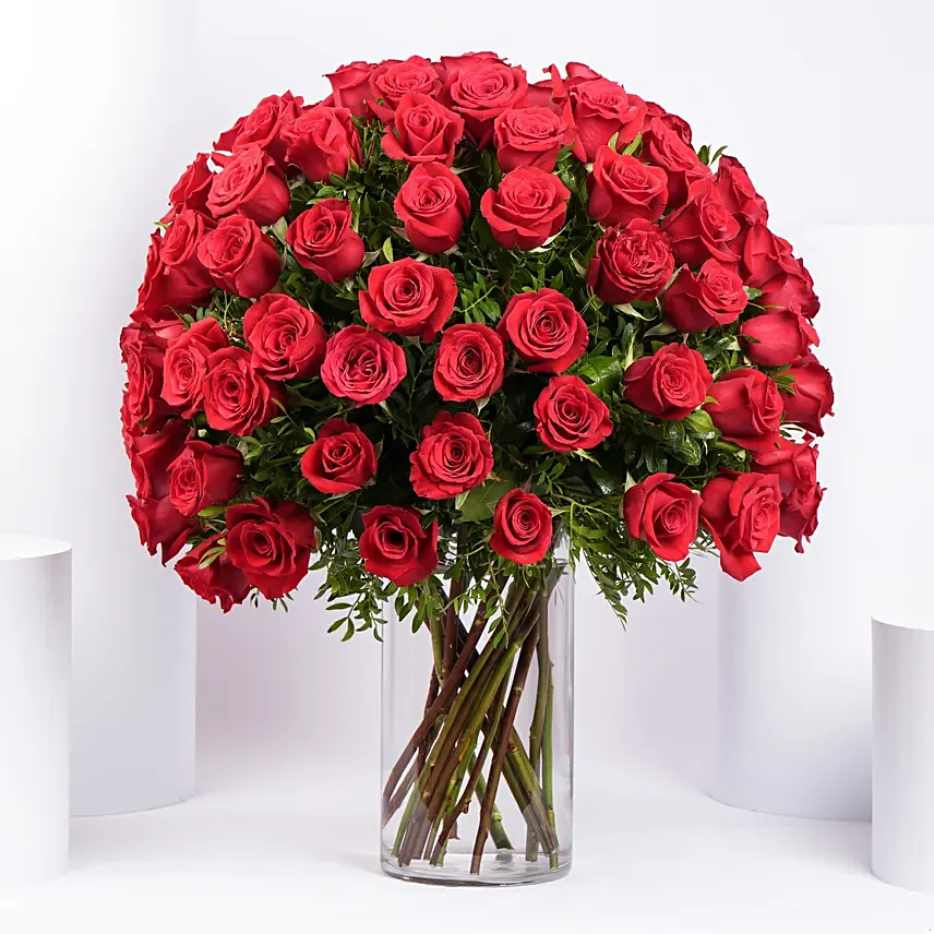 Ravishing 100 Red Roses In Glass Vase: Birthday Flower Arrangements