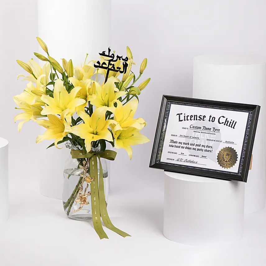 Taqaead Saeid Lilies with Personalised Name Frame: Retirement Gifts