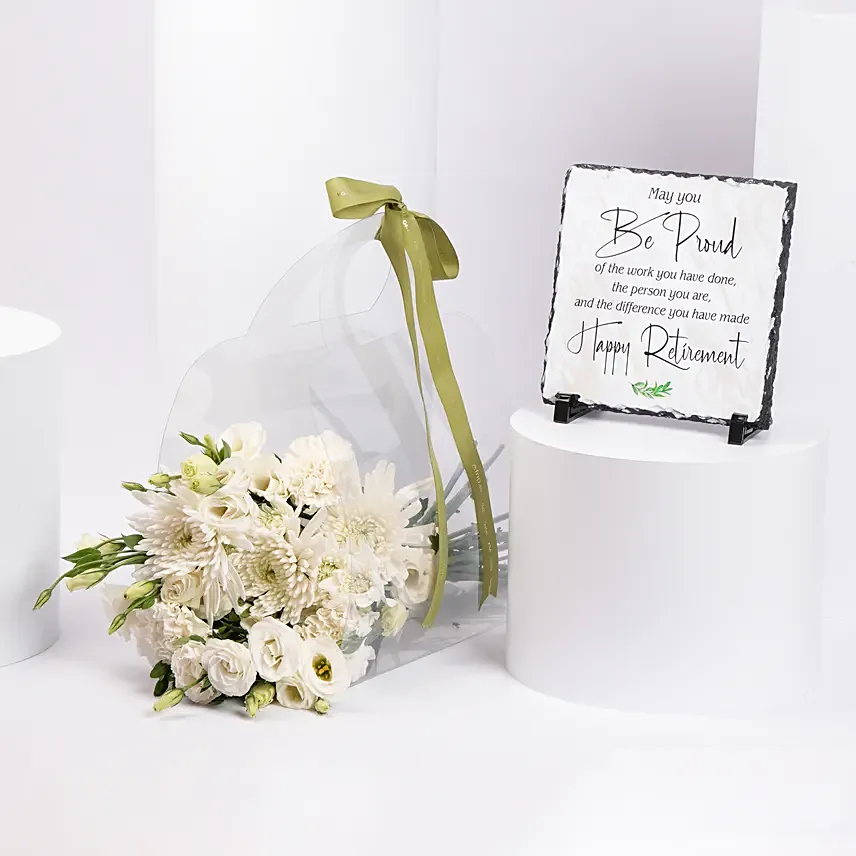 White Flowers Bunch with Retirement Wishes: 