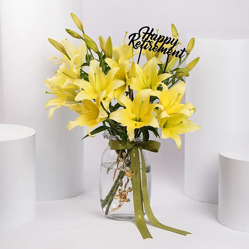 Happy Retirement Lilies in Premium Vase: Retirement Gifts