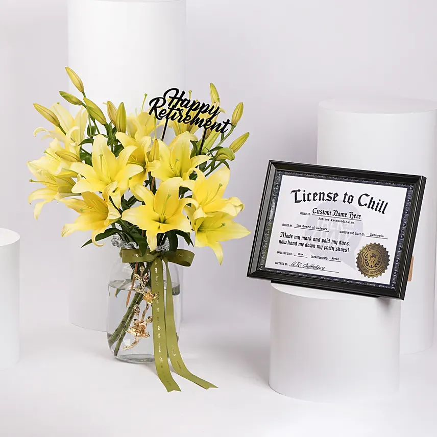 Happy Retirement Lilies in Premium Vase With Personalised Name Frame: Retirement Gifts