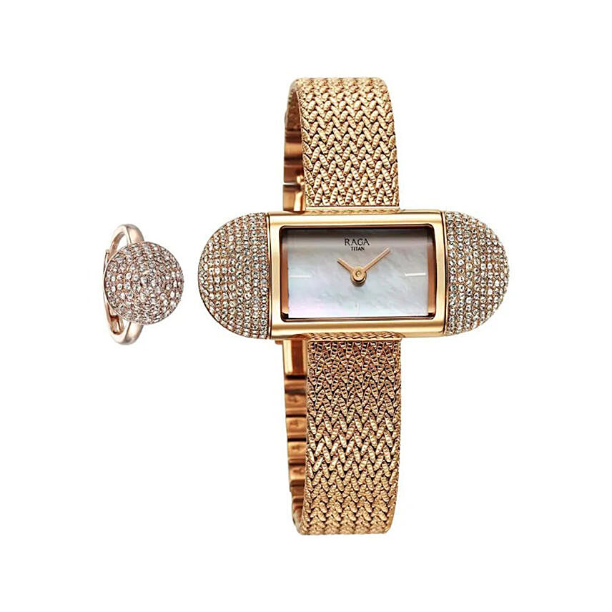 Titan Raga Mother of Pearl Analog Watch with Ring for Her: 