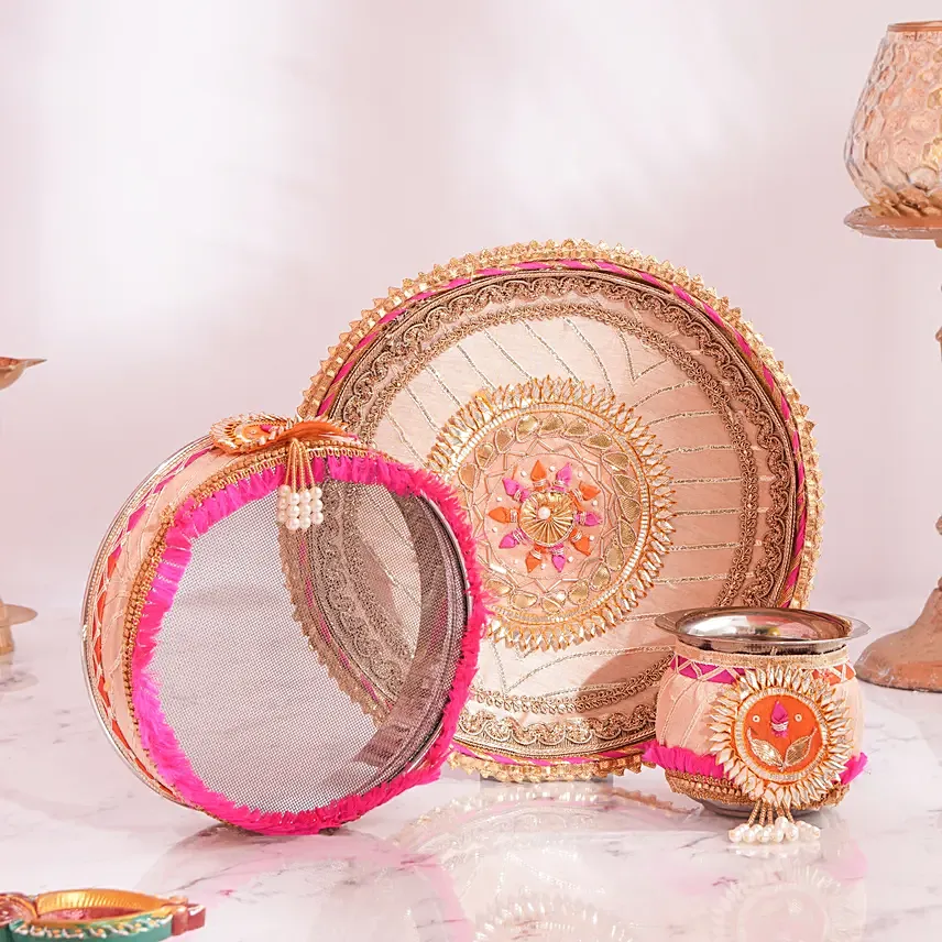 Karwachauth Thali Set Pink: Karwa Chauth Gift for Wife