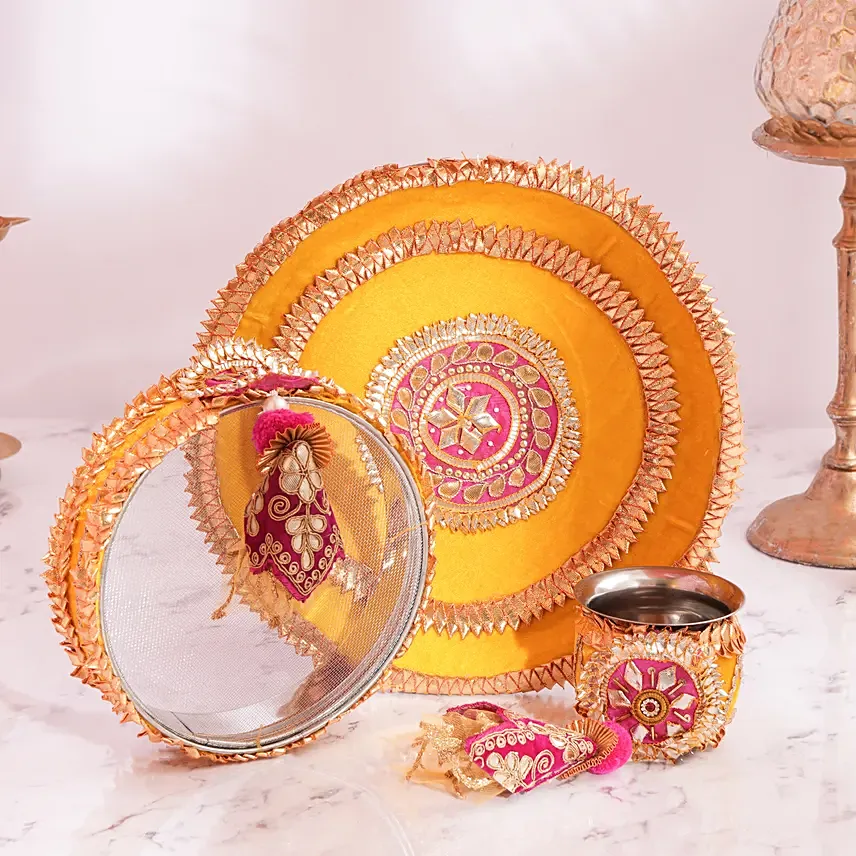 Karwachauth Thali Set Yellow: Karwa Chauth Gift for Wife