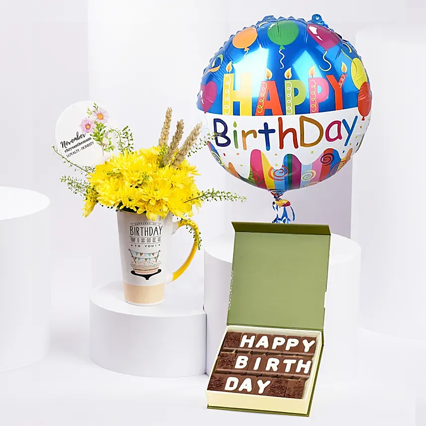 Yellow Chrysanthemum Flower Birthday Mug With Chocolate N Balloon: 