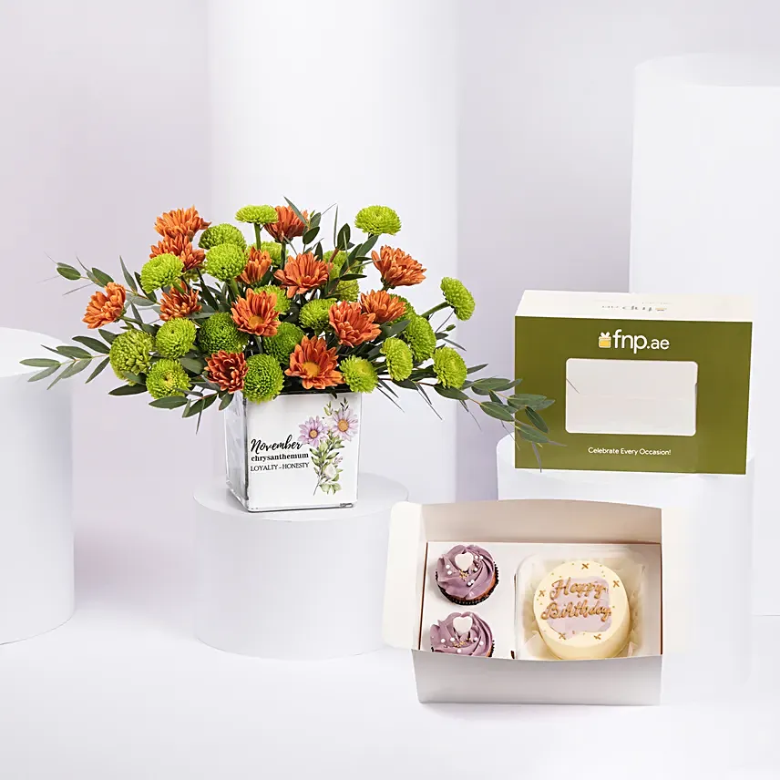 Chrysanthemum Birthday Flowers Vase With Bento Cake: Gifts Combos 