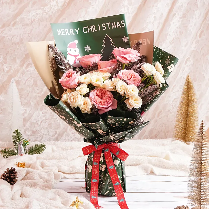 Merry Christmas Garden Roses Bouquet: Mixed Flower Bouquets