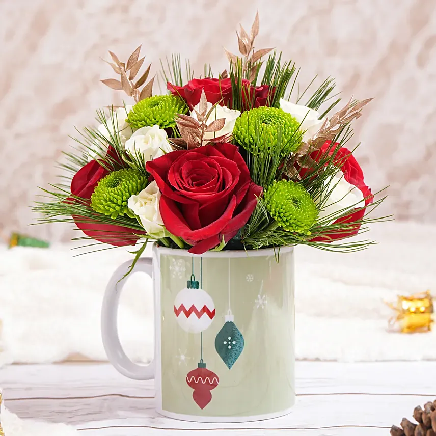 Seasons Greetings Flower Mug: Christmas Flower Arrangements