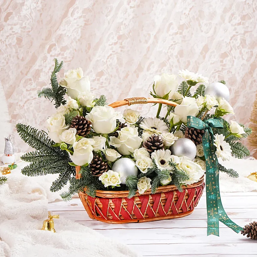 White Winter Flowers Basket: Mixed Flower Bouquets