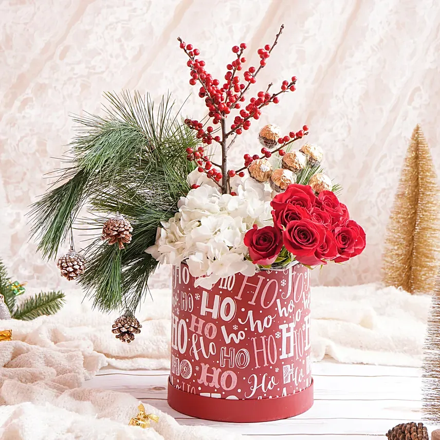 Ho Ho Ho Christmas Flowers And Rochers Box: Flower Arrangements