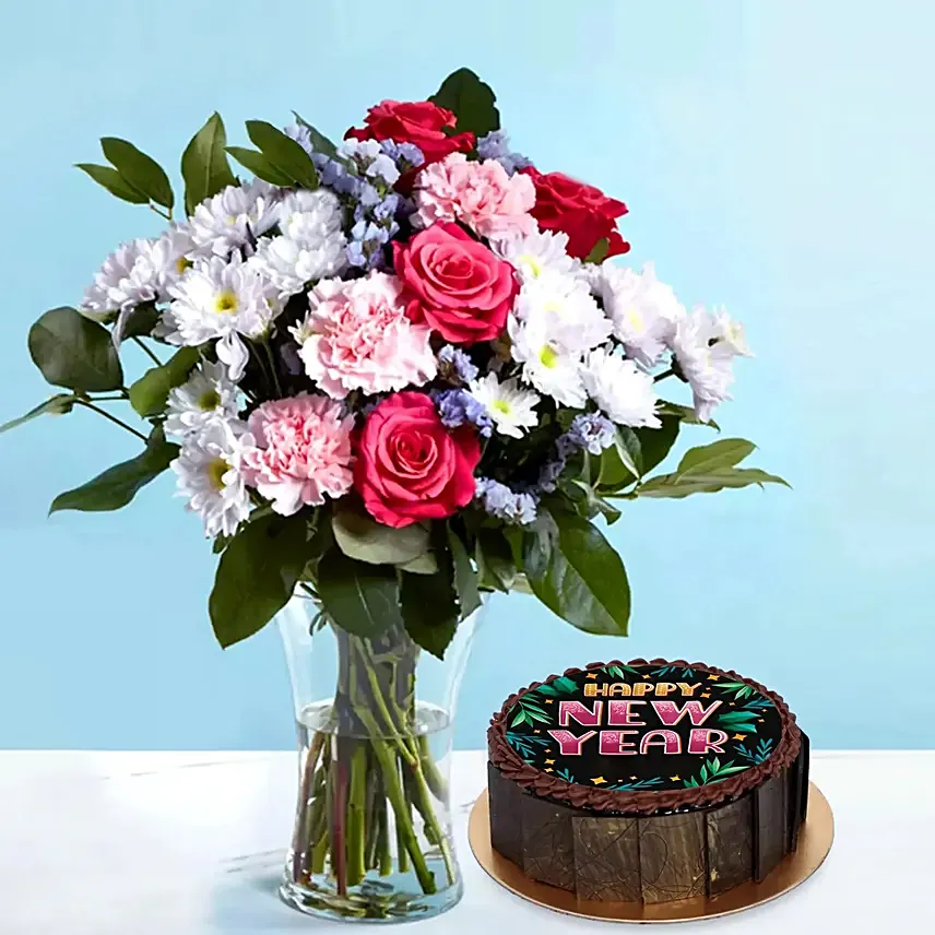 New Year Cake and Colorful Flowers: New Year Flowers & Cakes