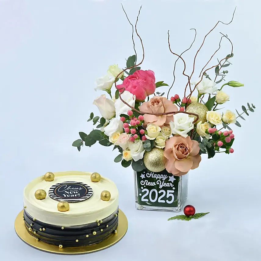 New Year Wishes Combo: New Year Flowers & Cakes