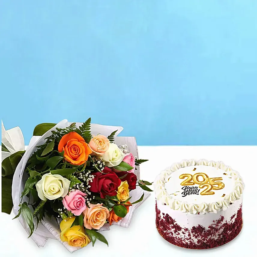 Mixed Color Roses  n New Year Cake: New Year Flowers & Cakes