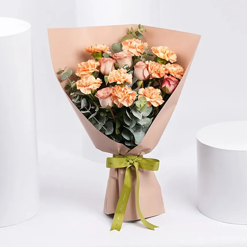 Carnation and Cappucino Rose Bouquet: Fresh Flower Delivery in Sharjah