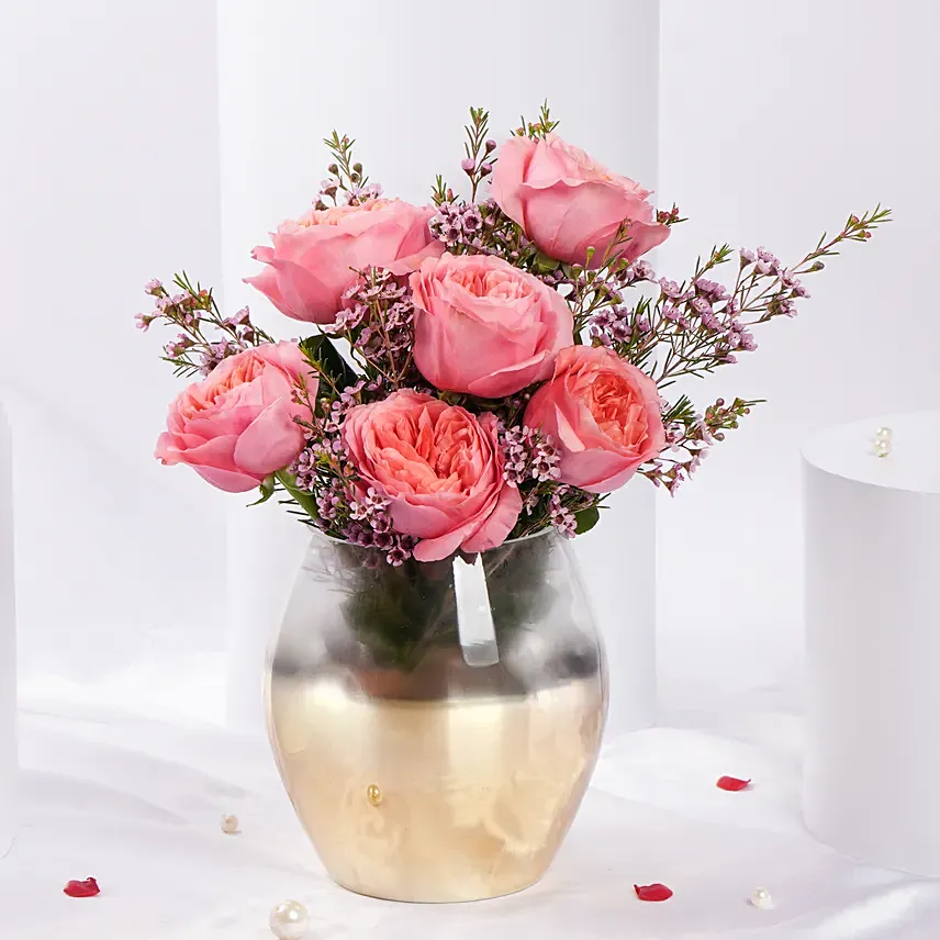 Pink Roses Arrangement In Premium Vase: Valentines Day Flowers