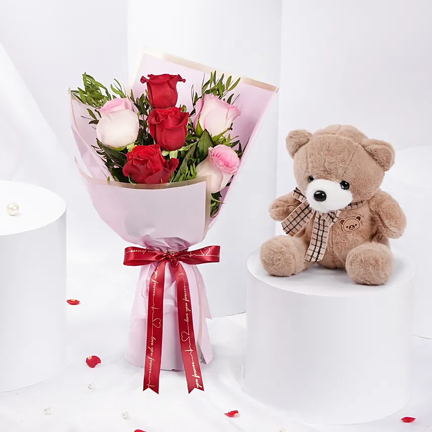 Pink and Red Roses Beauty Bouquet With Teddy Bear For Valentines: Flowers and Teddy Bears