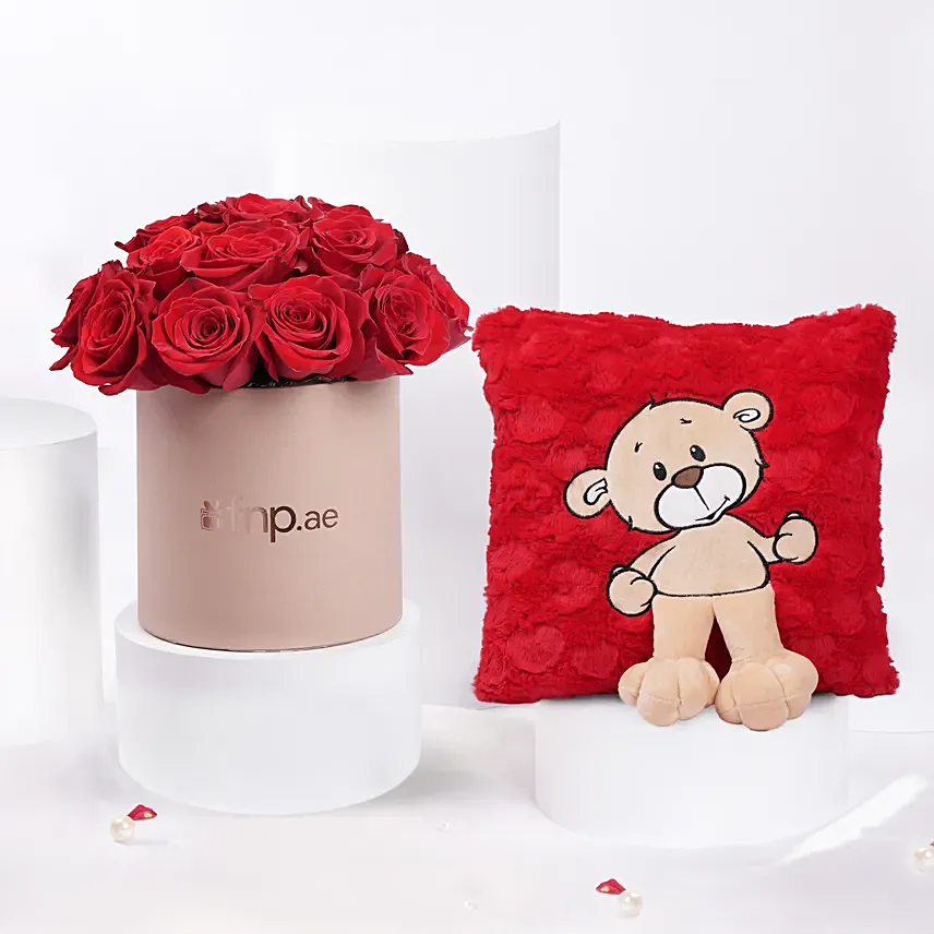 Red Roses With Teddy Bear Cushion: Hug Day Gifts