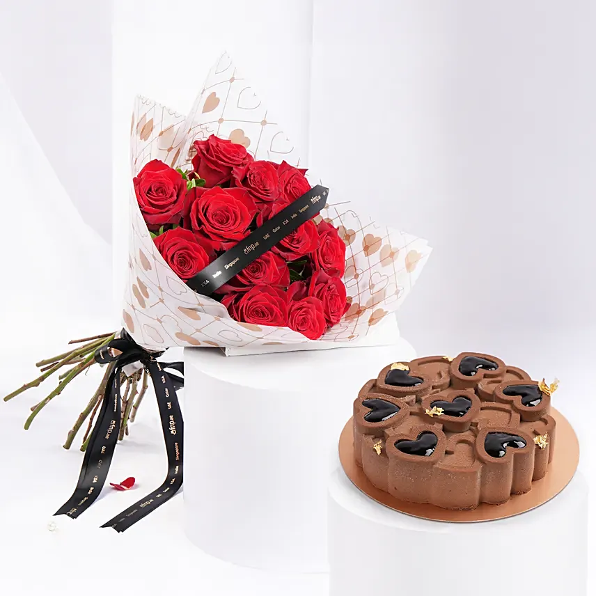 Blush Of Passion 12 Roses Bouquet With Chocolate Affection Valentines Cake: Valentine Flowers and Cakes