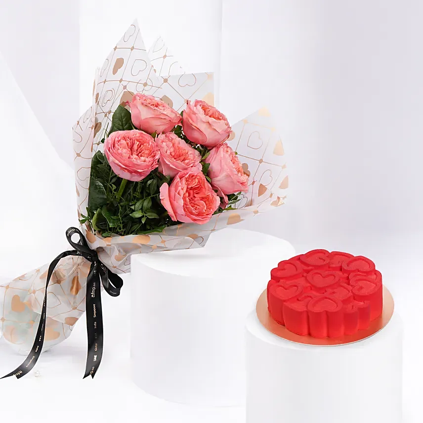 Valentines 6 Garden Roses Bouquet With Red Velvet Cake: Valentine Day Cakes to Ajman