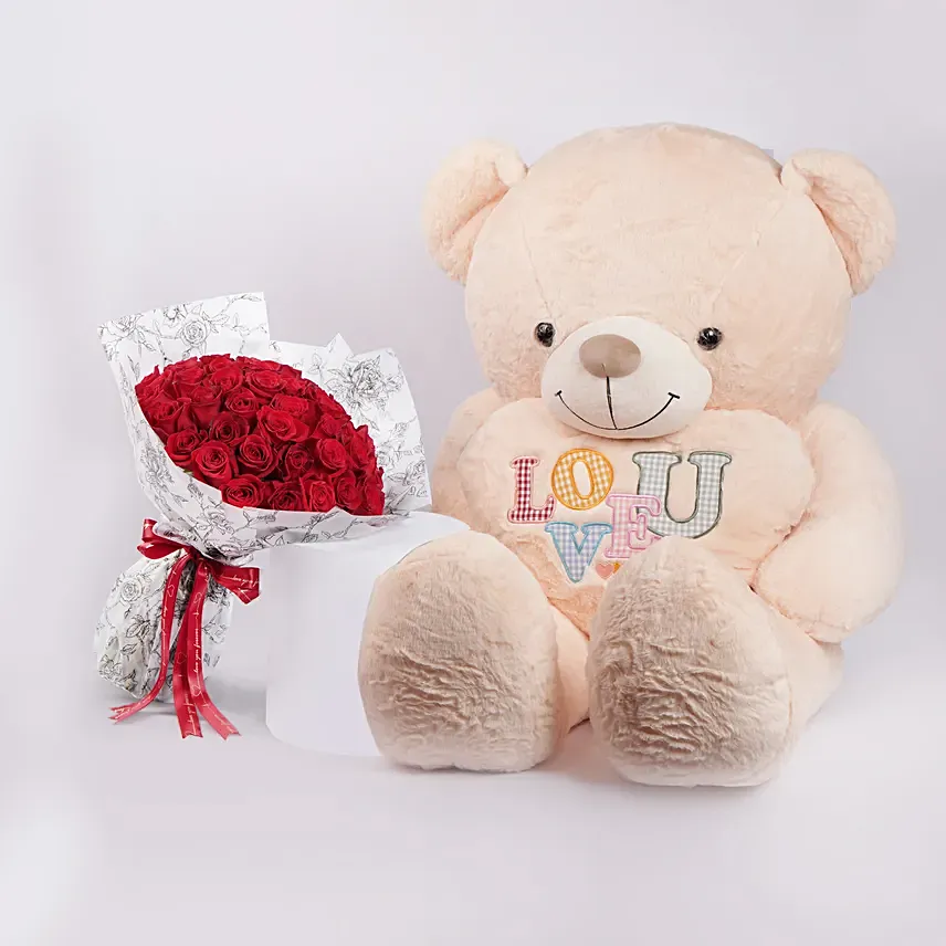 Red Roses with Big Pink Teddy: Teddy Day Flowers