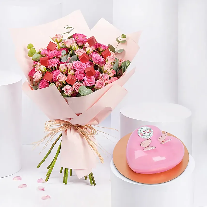 باقة ورود وردية وشوكولاتة مع كيكة ريد فيلفت نصف كيلو: Last Minute Delivery Gifts