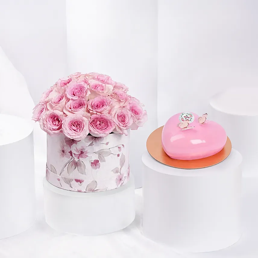 Pink Roses Splendour Box With Heart Shape Chocolate Cake: Mothers Day Cakes