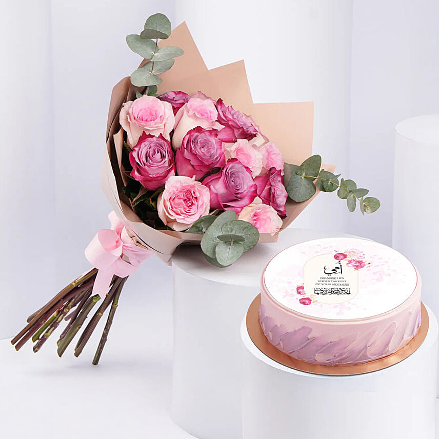 6 Purple and 6 Pink Roses Bouquet With Chocolate Cake: Mothers Day Combos