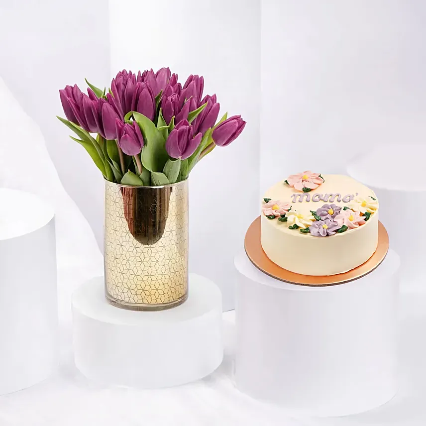 Purple Tulips In Gold Vase With Chocolate Cake: 