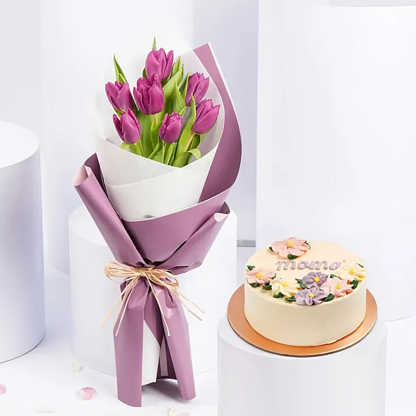 Purple Tulips In Bouquet With Chocolate Cake: 