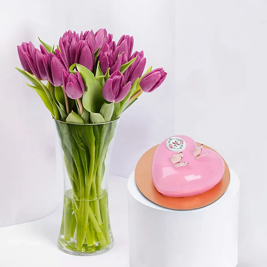 Purple Tulips In Vase With Chocolate Cake: Mothers Day Cakes