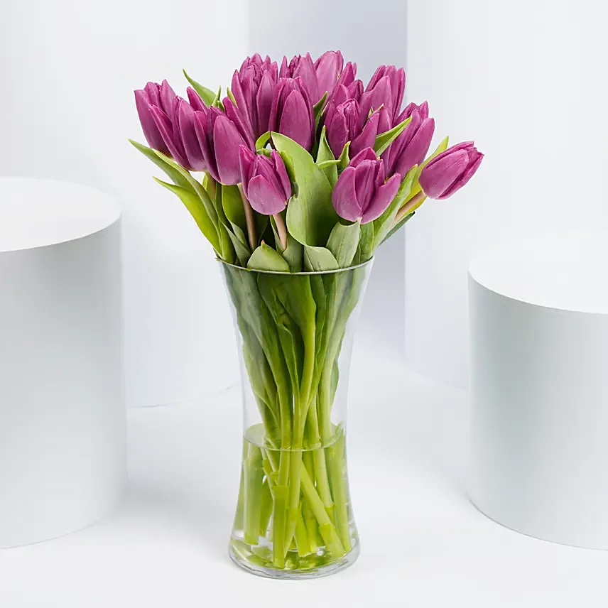 Purple Tulips in Glass Vase: Gifts for Womens Day