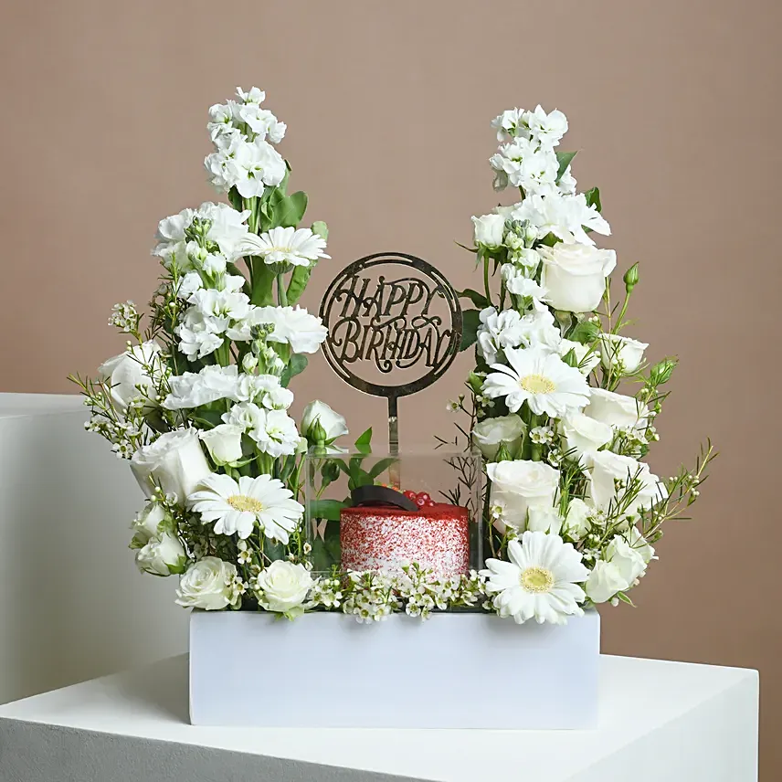 Birthday Flower Arrangement with Cake: Send Flowers to Qatar