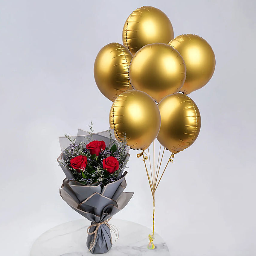 6 Golden Foil Balloons & Dark Pink Rose Bouquet: Send Balloons To Qatar 