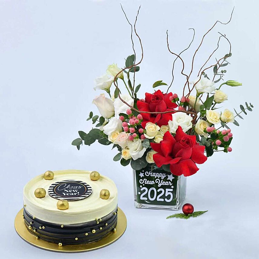 New Year 2025 Flower Vase & Cake: Gift Delivery in Qatar