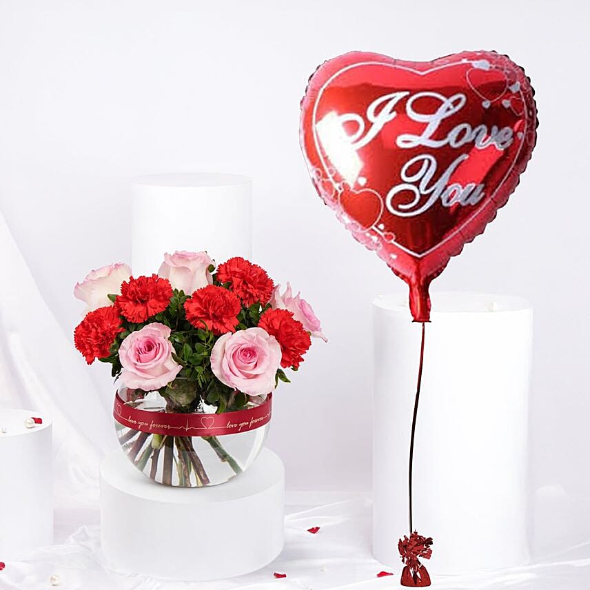 Valentine Flower Bowl n I Love You Balloon Combo: Send Balloons To Qatar 