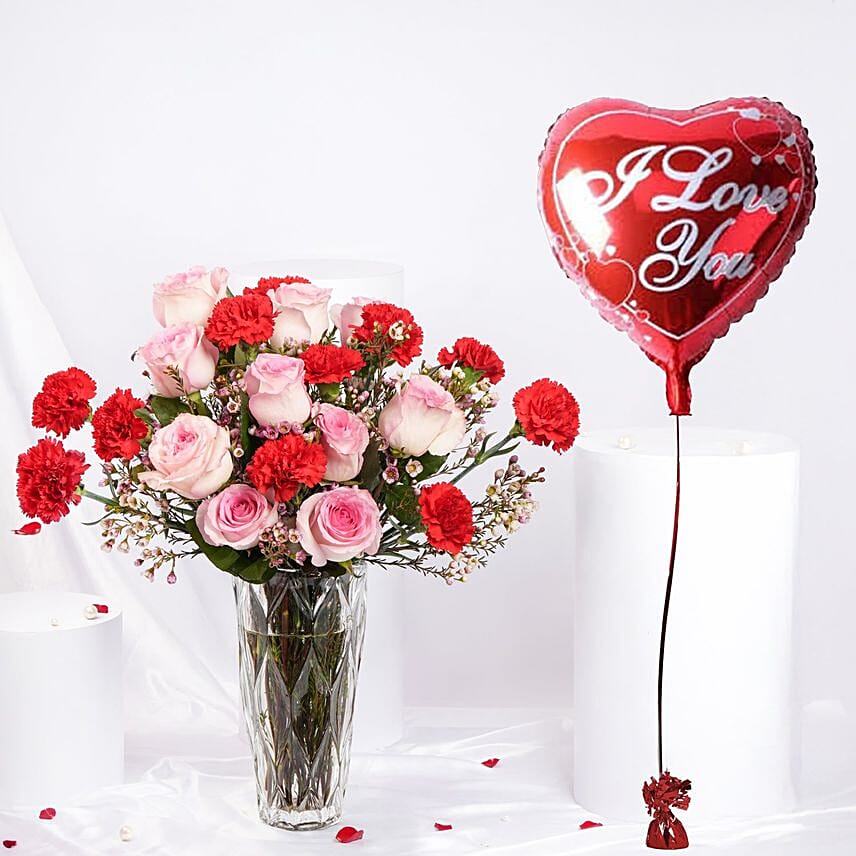 Valentine Flower Vase n Heart Shape Balloon Combo: 