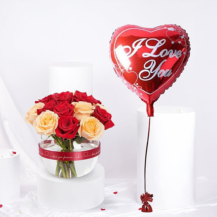 Valentine Rose Bowl n Heart Shape Balloon Combo: Send Balloons To Qatar 