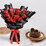 Elegant Rose Bouquet With Chocolate Fudge Cake