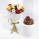 Dozen Multi Roses with Fudge Cake